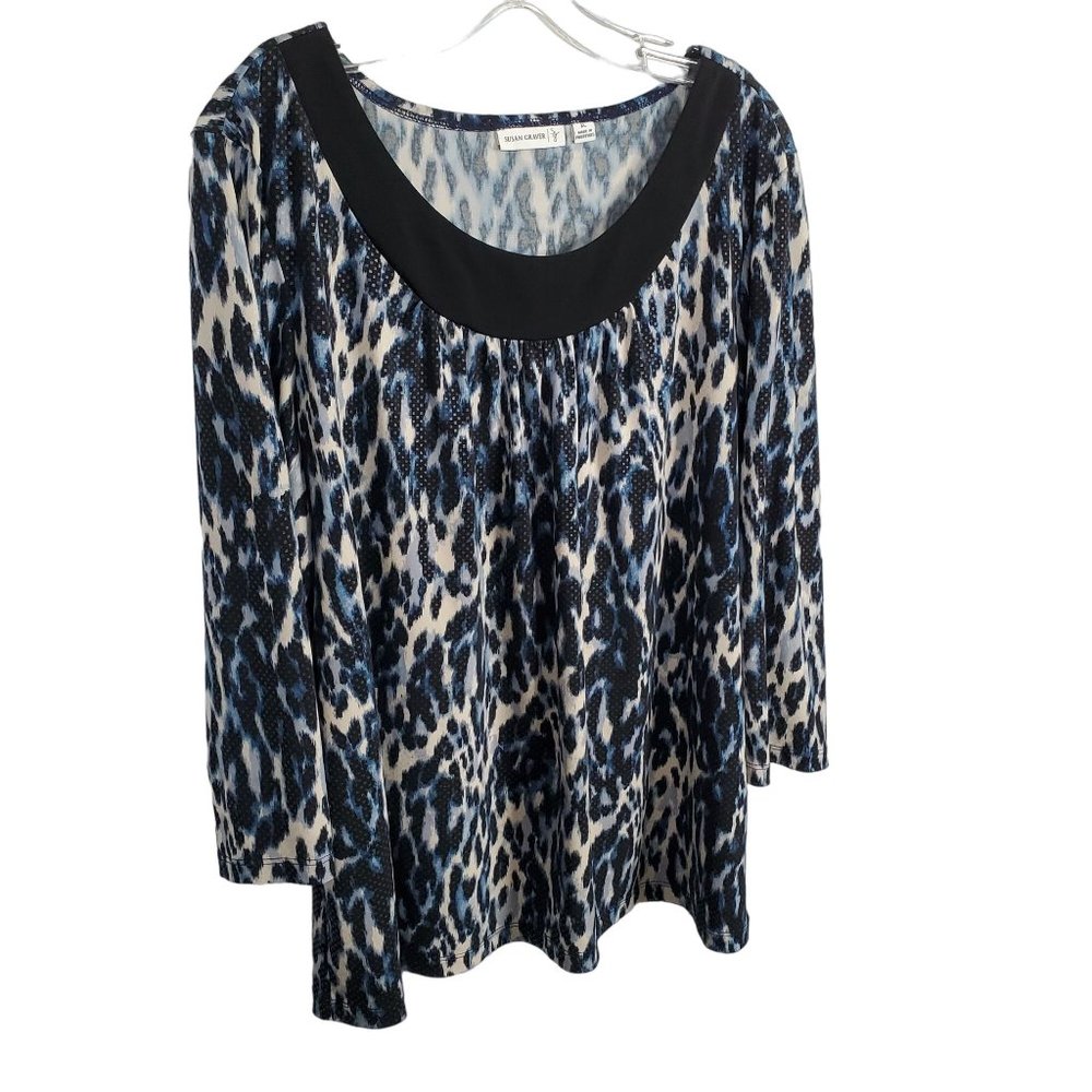 Susan Graver Size XL Top Leopard Print Dotted Liquid Jersey Knit Scoop Neck